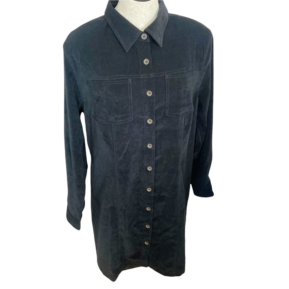 Avenue Long Sleeve Velvet Button Front Black Suede Midi Shirt Dress
